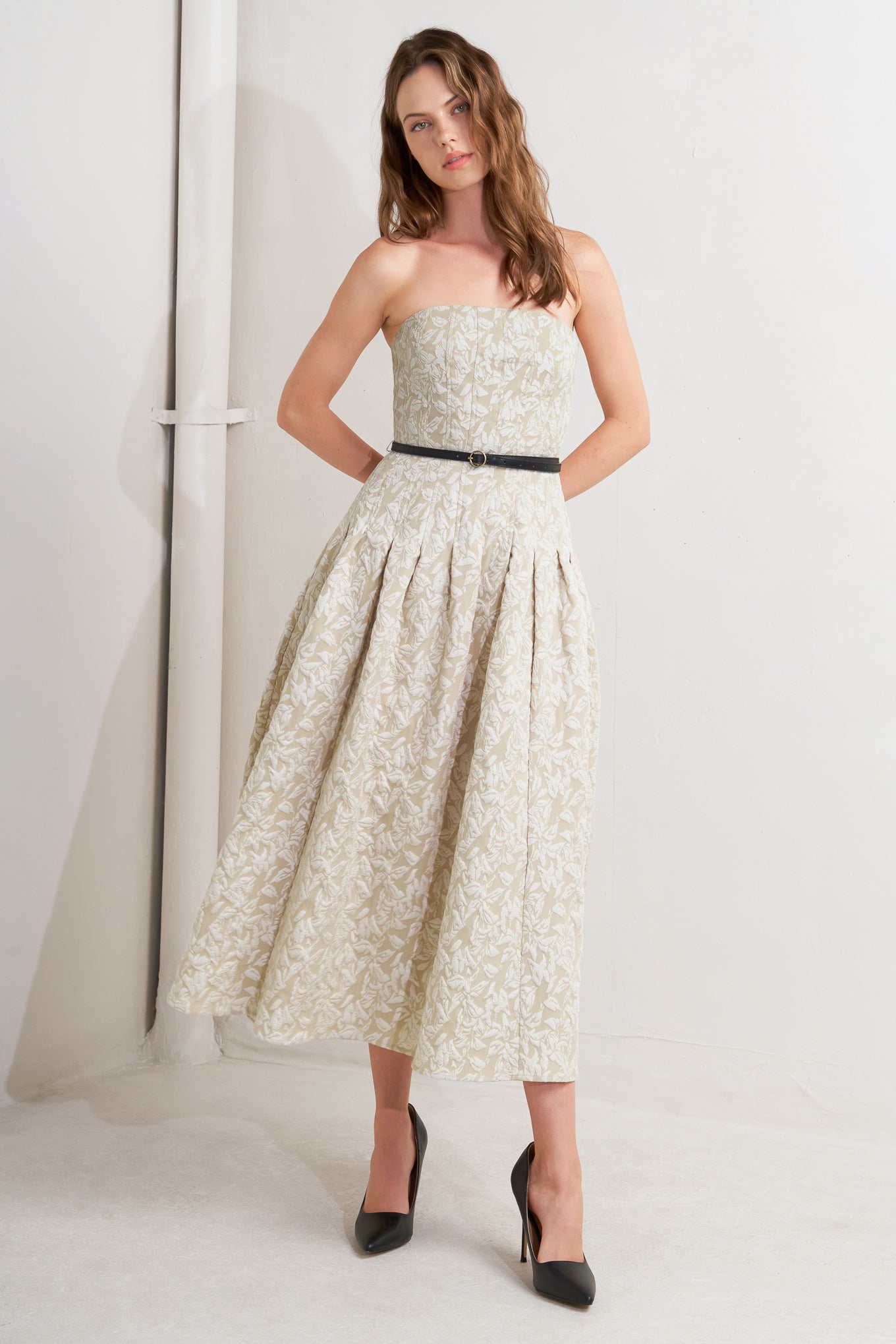 WHISPER LEAF WOVEN MIDI DRESS Flying Tomato
